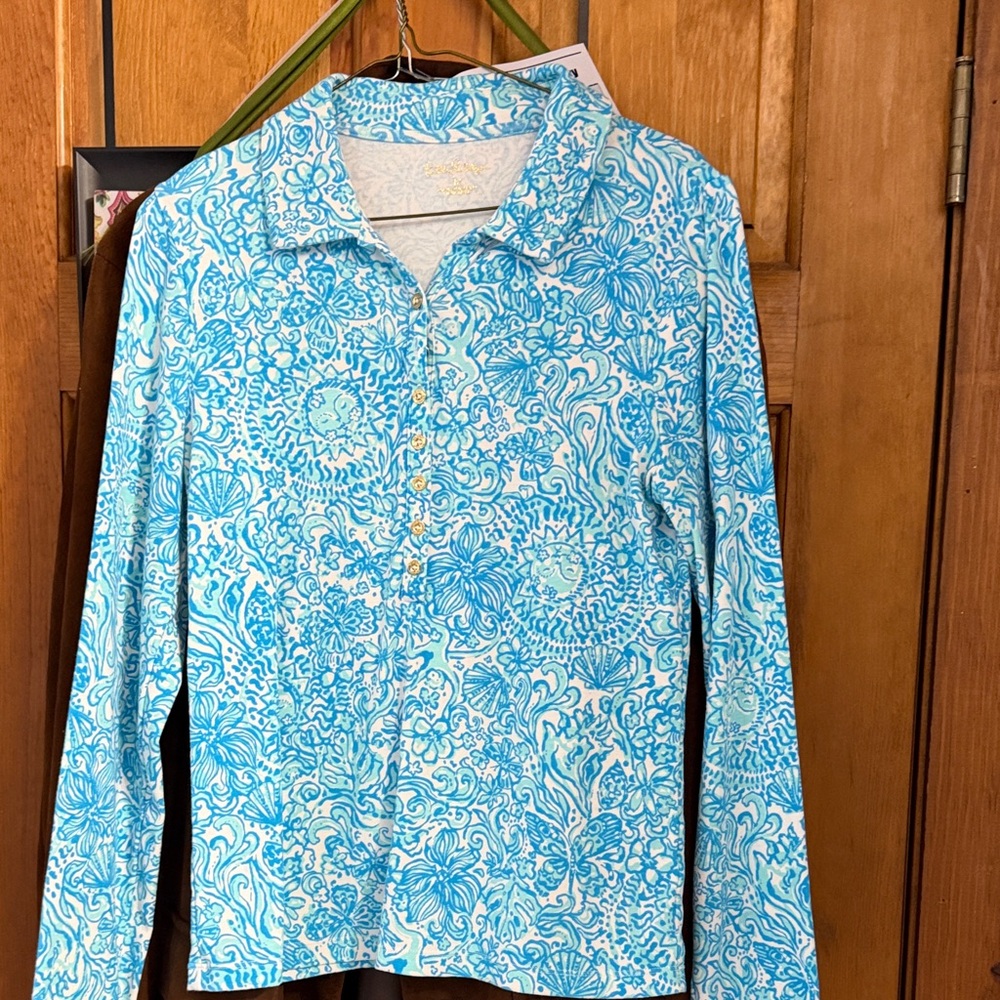 Lilly Pulitzer Blue and White Printed Long-Sleeve Polo Top